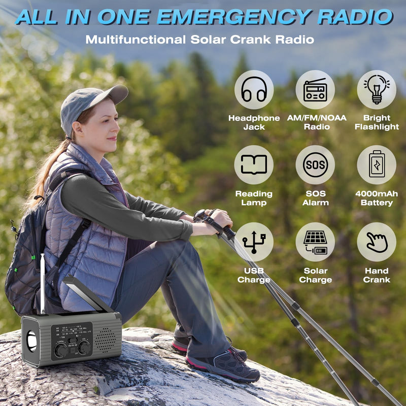 [Australia - AusPower] - Nitigo Emergency Radio 4000mAh Solar Hand Crank AM/FM/NOAA Portable Weather Radio with Phone Charger, LED Flashlight, Reading Lamp, SOS Alarm, Headphone Jack for Indoor Outdoor Emergency, USB Charged Gray 