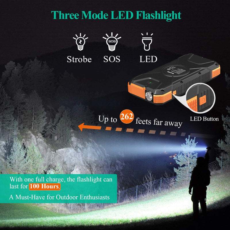 [Australia - AusPower] - BLAVOR Solar Charger Power Bank 18W, QC 3.0 Portable Wireless Charger 10W/7.5W/5W with 4 Outputs & Dual Inputs, 20000mAh External Battery Pack IPX5 Waterproof with Flashlight & Compass (Orange) Orange 