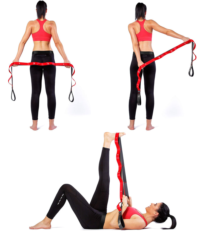 [Australia - AusPower] - Stretching Strap with Loops - Non Elastic Stretch Band for Physical Therapy, Yoga Strap for Stretching Equipment, Stretch Bands for Exercise and Flexibility - Fascia, Hamstring & Leg Stretcher Belt 10 Loops - Red 