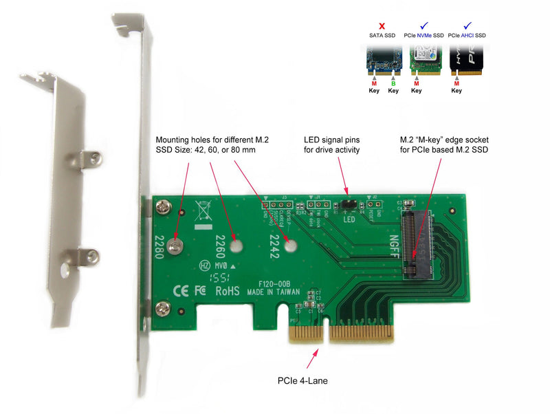 [Australia - AusPower] - Ableconn PEXM2-SSD M.2 NGFF PCIe SSD to PCI Express x4 Host Adapter Card - Support M.2 PCIe (NVMe or AHCI) Type 2280, 2260, 2242 PCIe M.2 (M-Key) 