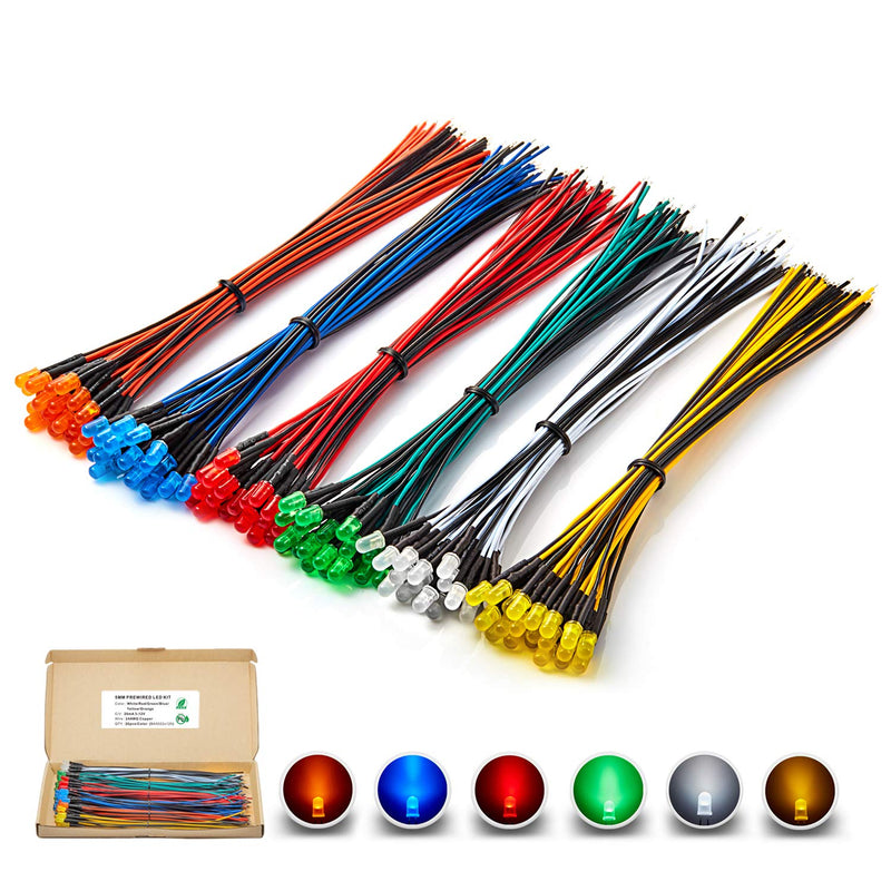 [Australia - AusPower] - Chanzon 120pcs (6 Colors x 20pcs) 12V 5mm LED Diode Lights 24awg Tinned Copper 7.9 inch UL Wire Assorted Kit Pre Wired (Diffused Frosted Round Lens) White Red Green Blue Yellow Orange Emitting A) 6 Colors X 20pcs = 120pcs 