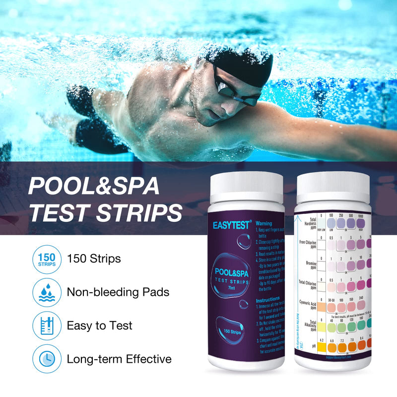 [Australia - AusPower] - EASYTEST 7-Way Pool Test Strips, 150 Strips Water Chemical Testing for Hot tub and Spa, Accurate Test Bromine, Total Alkalinity, pH, Free Chlorine, Total Hardness, Cyanuric Acid, and Total Chlorine 7 in 1 Pool test strips 