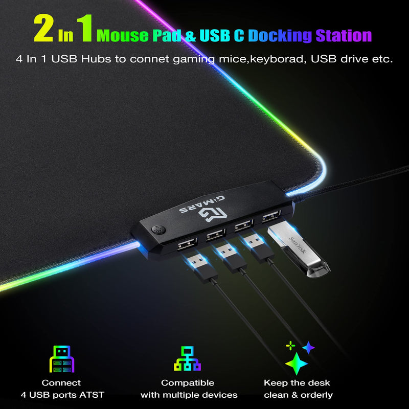 [Australia - AusPower] - Gimars RGB Gaming Mouse Pad with 4 USB Hubs, 15 LED Light Modes Mouse Pad, Extra Large，Non-Slip Rubber Base, Waterproof Desk Pad for Desk Laptop Computer, PC Games, Office Black-RGB+Usb Port 