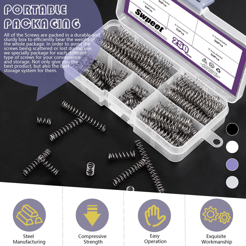[Australia - AusPower] - Swpeet 250Pcs 5 Sizes Compression Springs Assortment Kit, Mini Stainless Steel Extension Springs for Shop and Home Repairs, 0.39" to 1.97" Length, 0.16" OD, 10mm - 50mm Length, 4mm OD 250 