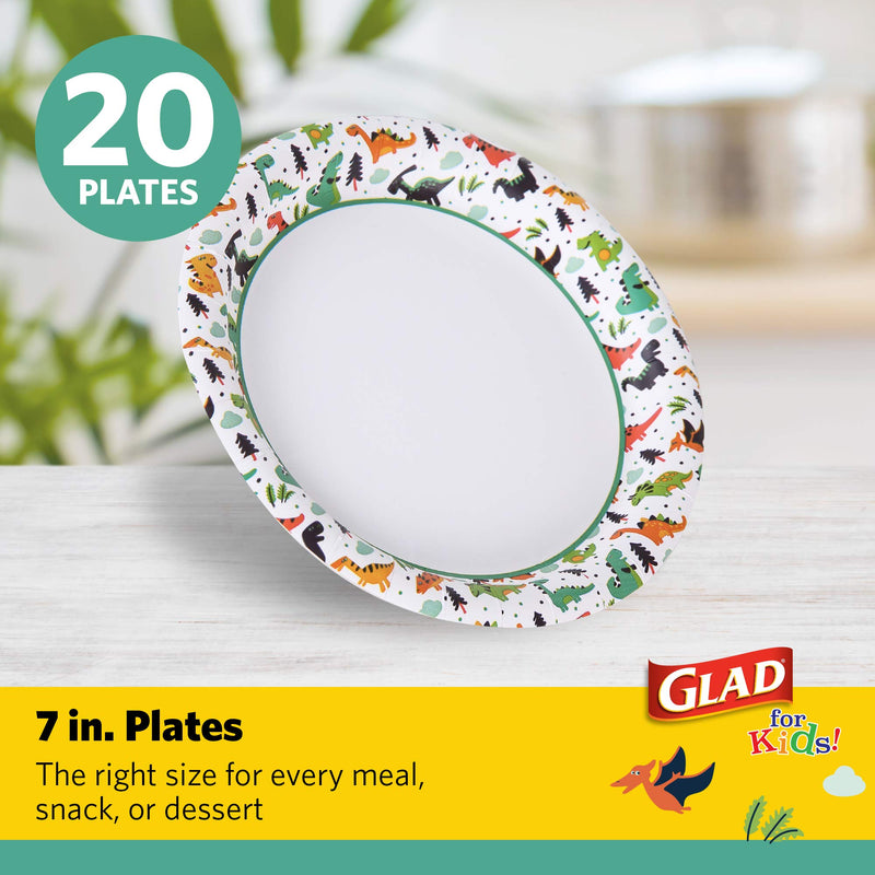 [Australia - AusPower] - Glad for Kids 7-Inch Paper Plates | Small Round Paper Plates With Cute Dinosaur Design for Kids | Heavy Duty Disposable Soak Proof Microwavable Paper Plates for All Occasions, 20 Count 7" Round Plates 20ct 