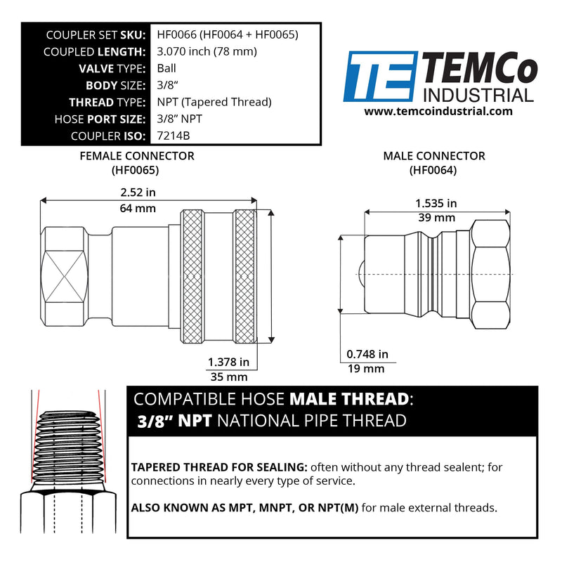 [Australia - AusPower] - TEMCo 3/8" Female NPT Thread 3/8" Body Male Hydraulic Coupler ISO 7241B Ball Valve Quick Connect for Tractors and Ag Equipment Fits Pioneer Parker Format - HF0064 