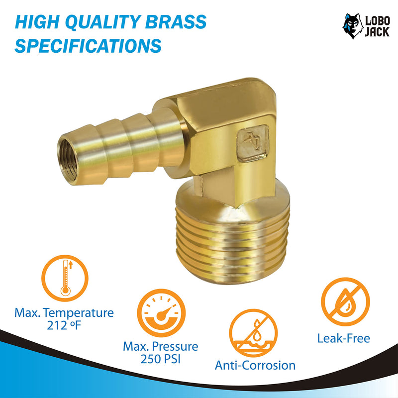 [Australia - AusPower] - LoboJack 3/8inch Hose Barb to 1/2inch Male NPT 90 Degree Elbow, Brass Hose ID to Pipe Threaded, L Right Angle Fitting Fuel/Air/Water/Gas/Oil WOG (2 Pack) 129-6d 