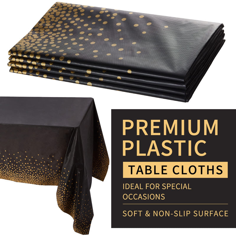 [Australia - AusPower] - 4 Pack Disposable Plastic Tablecloth 54 x 108 Inch Dot Confetti Party Rectangle Table Covers for BBQ, Picnic Birthday, Wedding , Holiday Dinner (Black Gold) Black Gold 