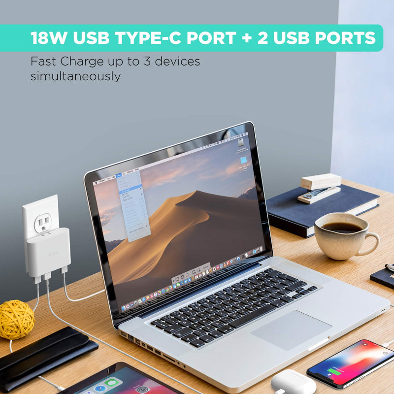 [Australia - AusPower] - iHome 3-Port (1 USB C, 2X USB A) Fast Charger, MagSafe Compatible for iPhone 12, 12 Pro, 12 Pro Max, 12 Mini, SE2, 11, 11 Pro, 11 Pro Max, XR, X/Xs, iPad Pro- Foldable Prongs, Compact Power Delivery White 3-Port (1 USB-C, 2 USB-A) 