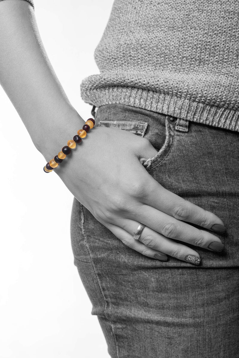[Australia - AusPower] - AMBERAGE Natural Baltic Amber Bracelet for Adults (Women/Men) - Hand Made from Raw-Unpolished/Certified Baltic Amber Beads(6 Colors) 8.0 Inches Raw-Unpolished Lemon- Dark Cherry 