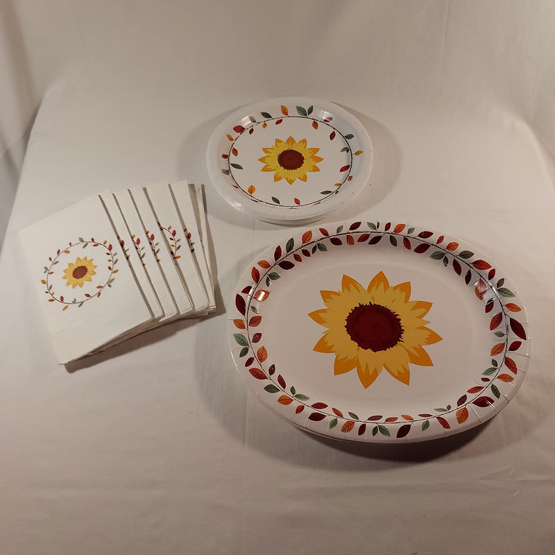 [Australia - AusPower] - Thanksgiving Fall Party Paper Disposable Plates Napkins and Platters - Service for 14 - 18 Dinner Plates 14 Folded Napkins 6 Platters - Sunflowers and Fall Leaf Wreath 