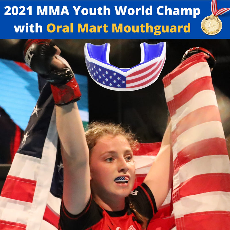 [Australia - AusPower] - Oral Mart Sports Youth Mouth Guard for Kids (USA Flag & Vampire Fangs & 15 Colors) - Youth Mouthguard (BPA Free) MMA, Karate, Flag Football, Martial Arts, Rugby, Boxing, BJJ, Hockey (/w Vented Case) Youth (Age 12 & Below) American Flag 