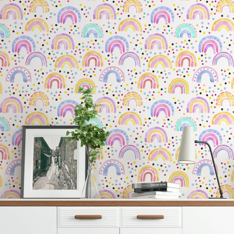 [Australia - AusPower] - AROMMO Boho Rainbow Wallpaper Peel and Stick Wallpaper Rainbow Wall Decals Cute Colorful Dots Rainbow Contact Paper Nursery Wallpaper Vinyl Wall Mural for Home Decor 17.7" x 118.1" 17.71"*118.1" 