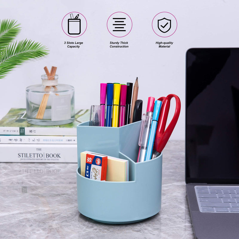 [Australia - AusPower] - Siveit Rotating Pen Holder, 3 Slots 360-Degree Spinning Pencil Pen Desktop Organizer Cute Pencil Cup Pot for Home, Office, Kids (Blue) Blue 