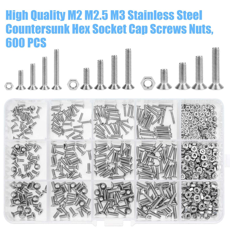 [Australia - AusPower] - DYWISHKEY 600 PCS Metric M2 M2.5 M3, 304 Stainless Steel Flat Head Countersunk Socket Cap Bolts Screws Nuts Assortment Kit with Hex Wrenches 