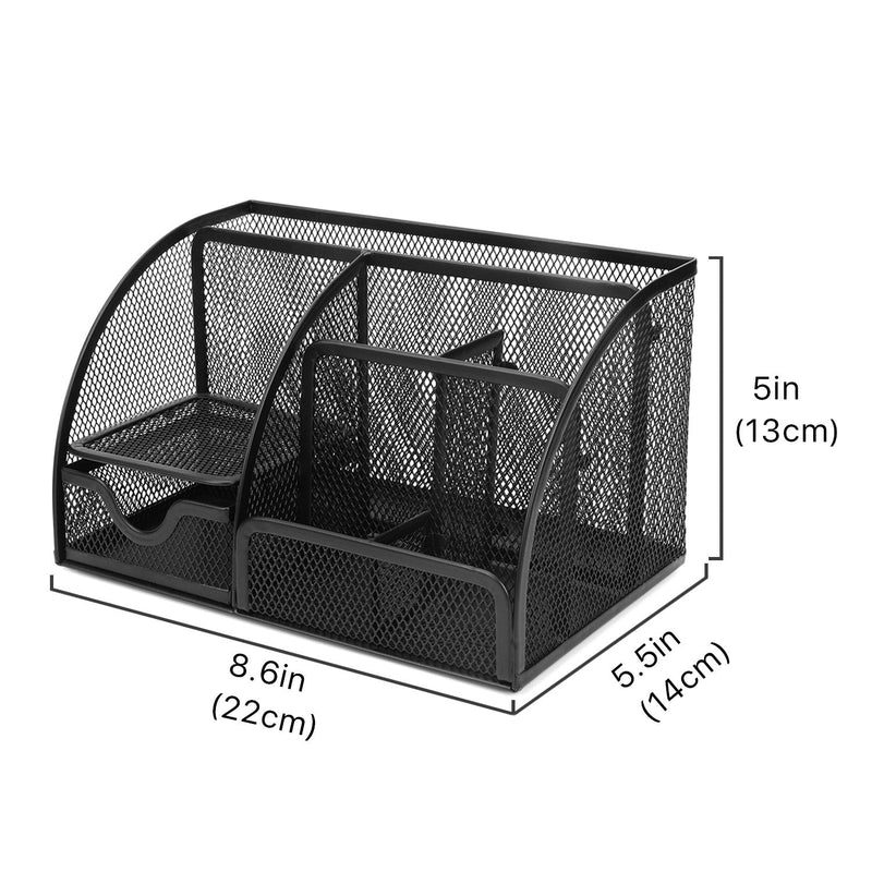 [Australia - AusPower] - Flexzion Desk Organizer Office Supplies Accessories Desktop Tabletop Sorter Shelf Pencil Holder Caddy Set - Metal Mesh with Drawer and 6 Compartments (Black) 