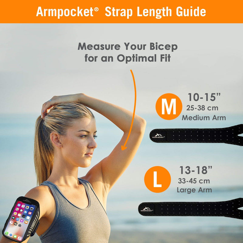 [Australia - AusPower] - Phone Armbands for Running | Armpocket Racer Edge Ultra Thin Phone Armband| iPhone 13 Pro, 13, 12 Pro, 12, Galaxy S22, S21, Note 10, Pixel 6, Phones Without Cases up to 6.4 Inches| Black Medium Strap Medium Strap 10-15" 