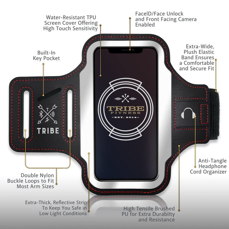 [Australia - AusPower] - TRIBE Running Phone Holder Armband. iPhone & Galaxy Cell Phone Sports Arm Bands for Women, Men, Runners, Jogging, Walking, Exercise & Gym Workout. Fits All Smartphones. Adjustable Strap, CC/Key Pocket M: iPhone Pro/X/XS/Galaxy S (Not Plus) Black Red 