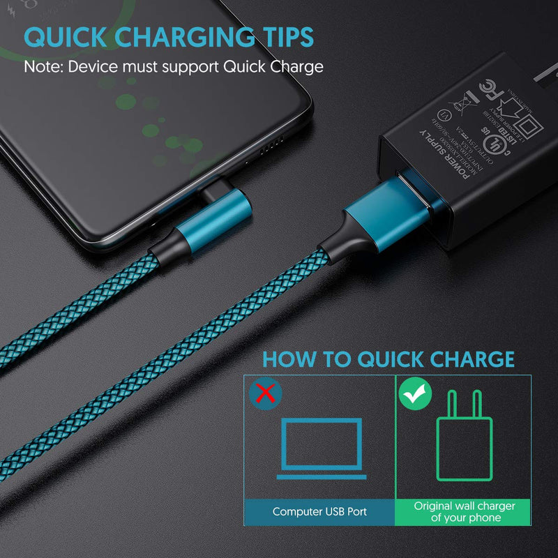[Australia - AusPower] - USB C Cable, geekboy Right Angle Type c Charger [2-Pack 10ft], Durable Nylon Braided USB A to Type C Charger Cable for Samsung S22 Ultra/S21 Plus/S20, Note 10 and Other USB C Charger(Cyan) Cyan 2 Pack 