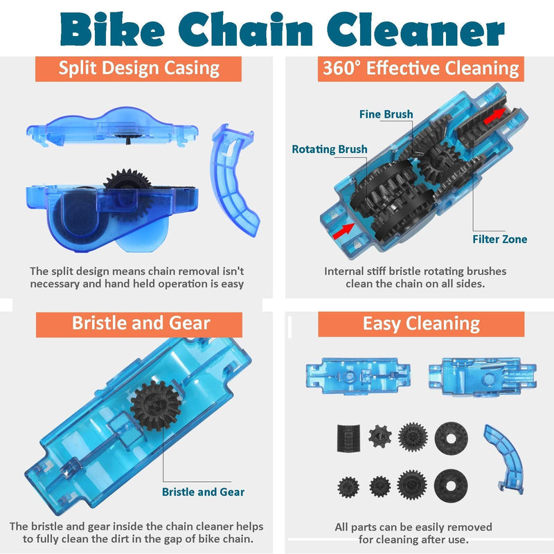 [Australia - AusPower] - Bike Chain Cleaner, Bike Cleaning Kit, Chain Cleaner for Cycling, Suitable for Mountain Bike, Road Bike, BMX, Bicycle Cleaning Brush Tool for Drivetrain, Gear, Cassette, Sprockets, 4 Piece Set 