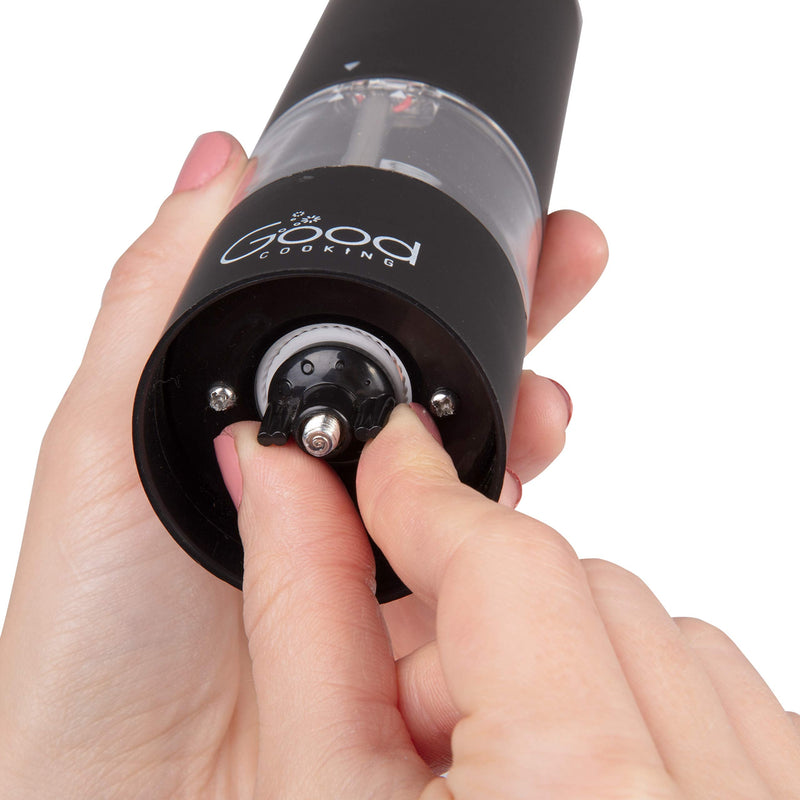 [Australia - AusPower] - Electric Pepper Grinder and Salt Mill (2 Pack)- Battery Operated One-Handed Spice Dispenser w LED Light & Adjustable Coarseness- Matte Black, Batteries Included 2 