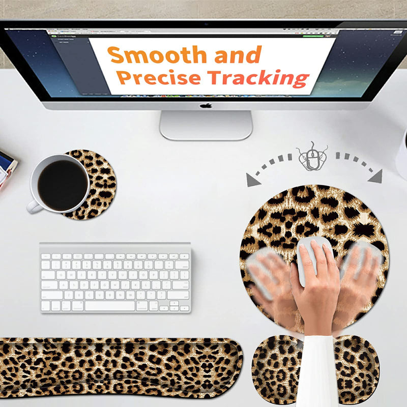 [Australia - AusPower] - Keyboard Wrist Rest Pad + Mouse Wrist Rest + Gaming Mouse Pad + Coasters Ergonomic Memory Foam Wrist Pad Set with Easy Typing & Pain Relief for Computer, Laptop, Office & Home - Leopard Grain 