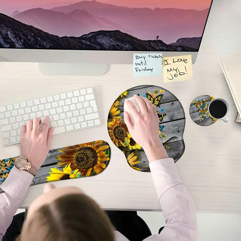 [Australia - AusPower] - Keyboard Wrist Rest Pad and Mouse Pad Wrist Rest Support Set, Ergonomic Gaming Mousepad Durable Smooth Surface Non-Slip Base Sunflower Butterfly Design for Computer Laptop Home Office + Cute Coasters Yellow Sunflowers and Butterflies 