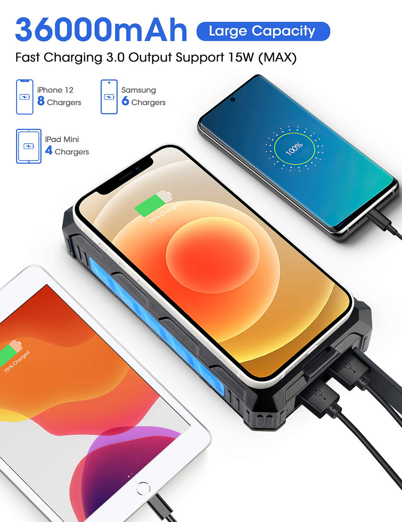 [Australia - AusPower] - Solar Power Bank 36000mAh, Qi Wireless Charger, DJROLL Portable Solar Charger with Dual USB & Type-C Port 5V/3A Output, IP66 Waterproof Powerbank, Flashlights Cell Phone Charger for Camping Outdoor Blue 