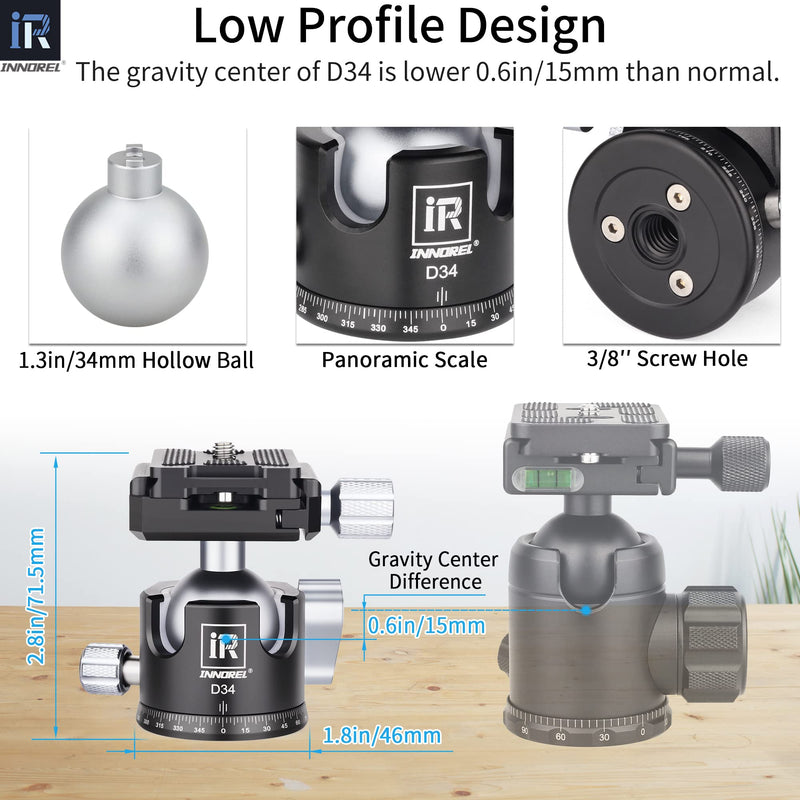 [Australia - AusPower] - INNOREL D34 34mm Low Profile Tripod Ball Head Professional All Metal CNC Panoramic Camera Tripod Head for Monopod,DSLR Cameras,Camcorder,DV with 1/4" Arca Swiss Quick Release Plate Load 33lb/15kg 34mm Dia. 