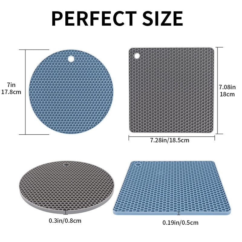[Australia - AusPower] - Silicone Trivet Mats, Silicone Pot Holders for Hot Pan and Pot Pads. Heat Resistant Counter Mats for Tables, Countertops, Spoon Rest and Large Coasters, 4 Pack Gray& Blue(2 Squared + 2 Round Mats) A-Blue, Gray 