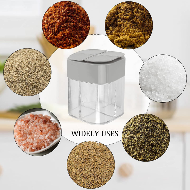 [Australia - AusPower] - 4 Pack 4 in 1 Plastic Salt and Pepper Shaker, Transparent Spice Dispenser 4 Compartment Seasoning Jar, Travel Spice Containers with Lids, Empty Spice Dispensers for Cooking BBQ(with 1 Sheet Label) 