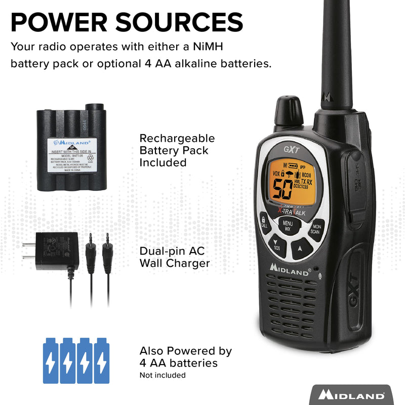 [Australia - AusPower] - Midland 50 Channel Waterproof GMRS Two-Way Radio - Long Range Walkie Talkie with 142 Privacy Codes, SOS Siren, and NOAA Weather Alerts and Weather Scan (Black/Silver, Single Pack) Single Pack - Black/Silver 
