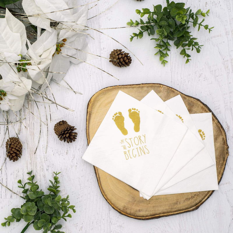 [Australia - AusPower] - Baby Shower Napkins -"And The Story Begins" 100 Gender Reveal Gold Napkins - Large 6.5 x 6.5 Inch 