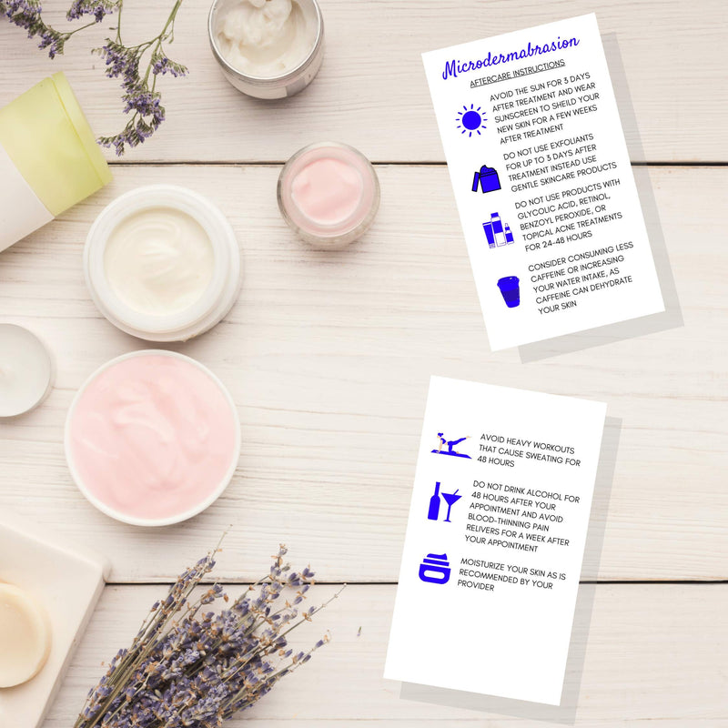 [Australia - AusPower] - Microdermabrasion Aftercare Cards | 50 Pack | Size 2 x 3.5” inches Business Card Size | Microdermabrasion PMU | Aftercare Instructions White with Blue Icons Design 