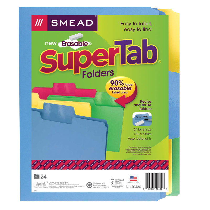 [Australia - AusPower] - Smead Erasable SuperTab File Folder, Erasable Oversized 1/3-Cut Tab, Letter Size, Assorted Primary Colors, 24 per Pack (10480) Assorted Colors 