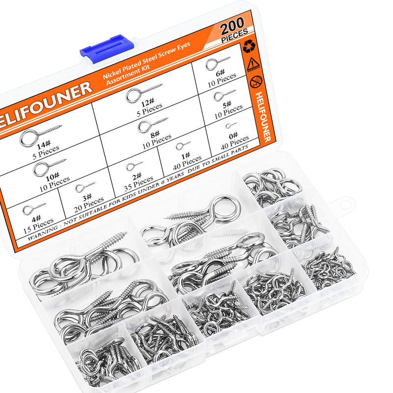 [Australia - AusPower] - HELIFOUNER 200 Pieces 11 Sizes Nickel Plated Steel Screw Eyes Assortment Kit 