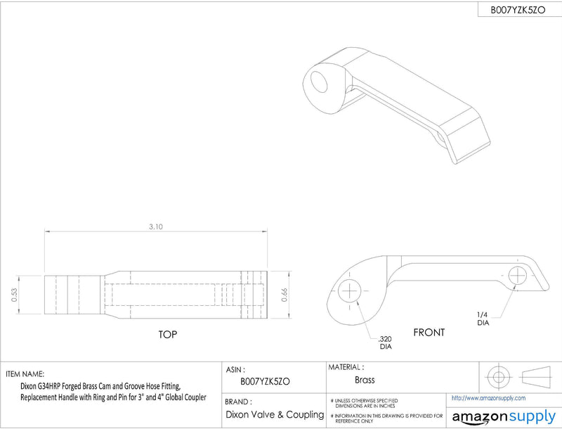 [Australia - AusPower] - Dixon Valve & Coupling G34HRP Forged Brass Cam and Groove Hose Fitting, Replacement Handle with Ring and Pin for 3" and 4" Global Coupler 