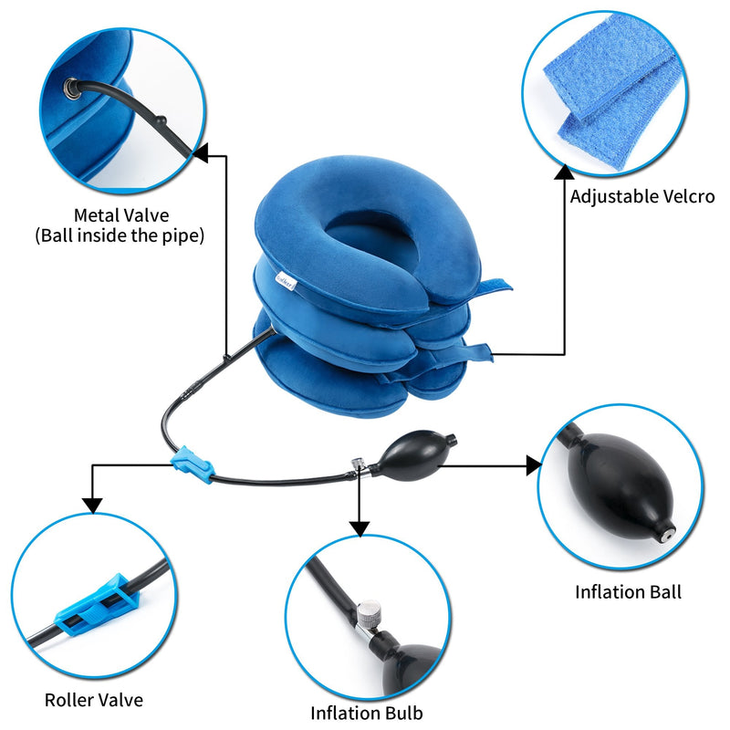 [Australia - AusPower] - Cervical Neck Traction Device Inflatable Neck Traction for Neck Decompression Pinched Nerve Neck Pain Relief, Neck Stretcher Cervical Traction Neck Extender for Neck Pain with Massage Balls (Blue) Blue 