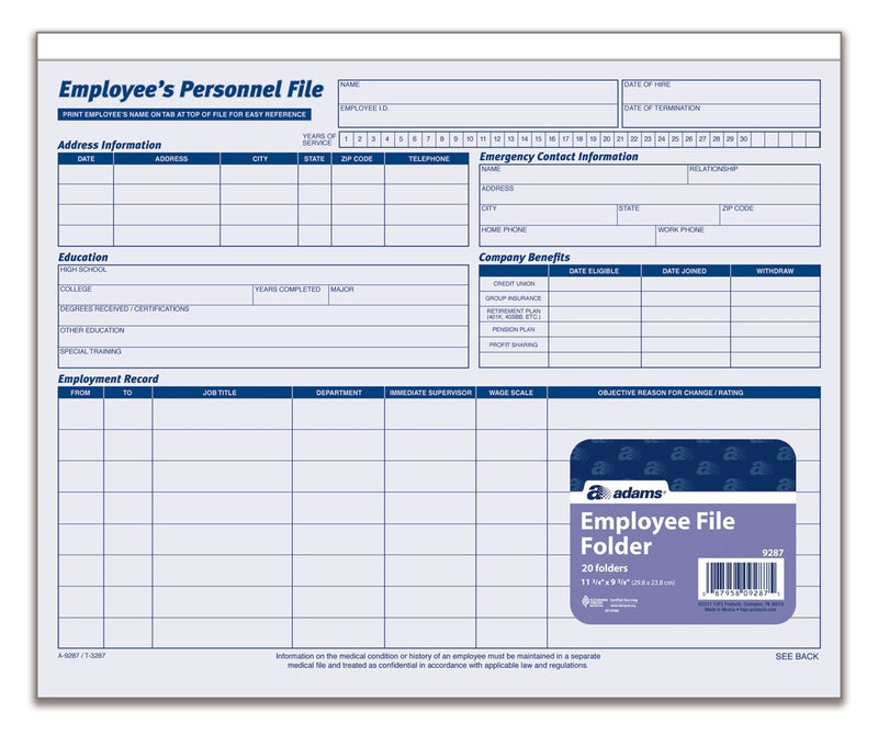 [Australia - AusPower] - Adams Employees Personnel File Folder, Heavy Card Stock, 11-3/4 x 9-1/2 Inches, Pack of 20 Folders (9287ABF) 1 PACK 