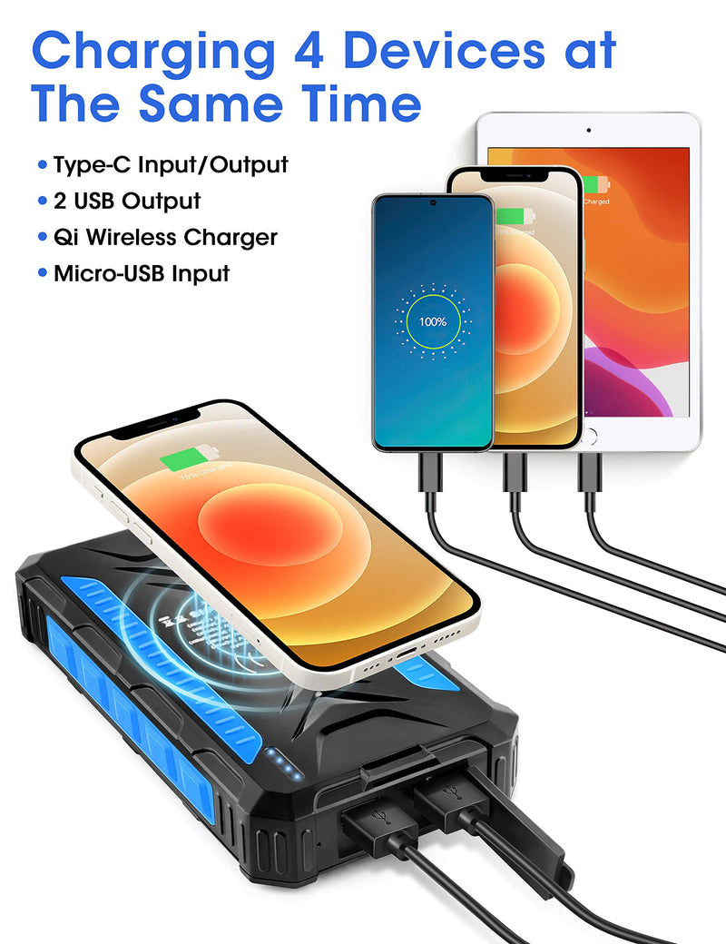 [Australia - AusPower] - Solar Power Bank 36000mAh, Qi Wireless Charger, DJROLL Portable Solar Charger with Dual USB & Type-C Port 5V/3A Output, IP66 Waterproof Powerbank, Flashlights Cell Phone Charger for Camping Outdoor Blue 