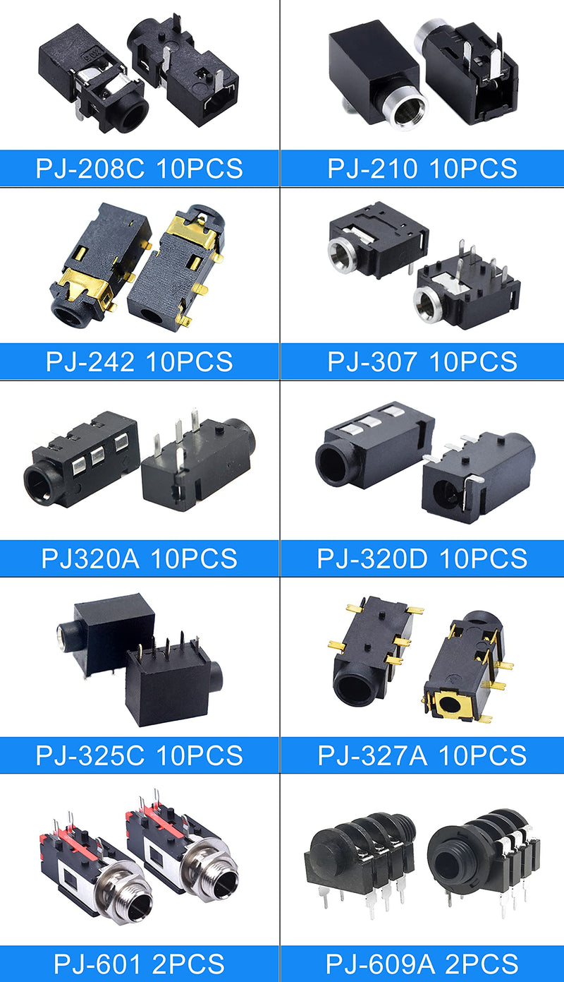 [Australia - AusPower] - KOKISO 10 Values 84 Pcs Stereo Jack Socket 【3 Pin/4 Pin/5 Pin/6 Pin】 PCB Mount Female Audio Headphone Socket Connector Assortment Kit 