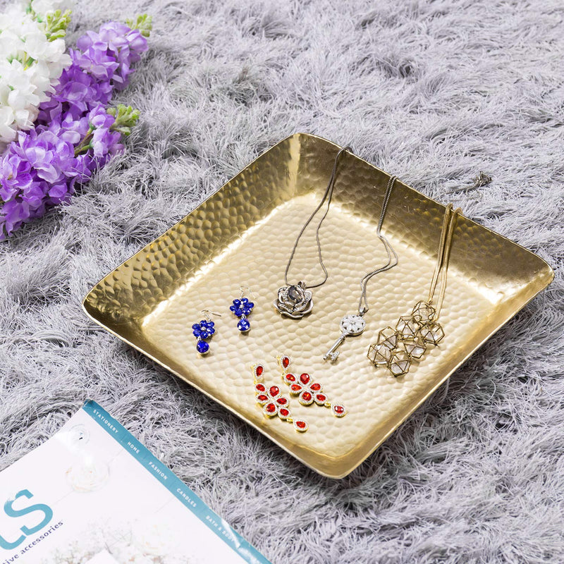 [Australia - AusPower] - MyGift Antique Brass Tone Hammered Square Tabletop Jewelry Tray Accessories Trinket Dish / Perfume & Cosmetics Vanity Display Platter Plate 