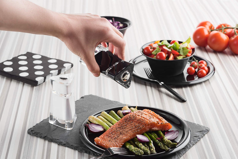 [Australia - AusPower] - MITBAK Acrylic Black/White Salt and Pepper Shakers (2 Piece Set) | Elegant Salt and Pepper Dispensers with Perfectly Sized Holes for Evening Seasoning | Stylish Kitchen Accessories Utensils 