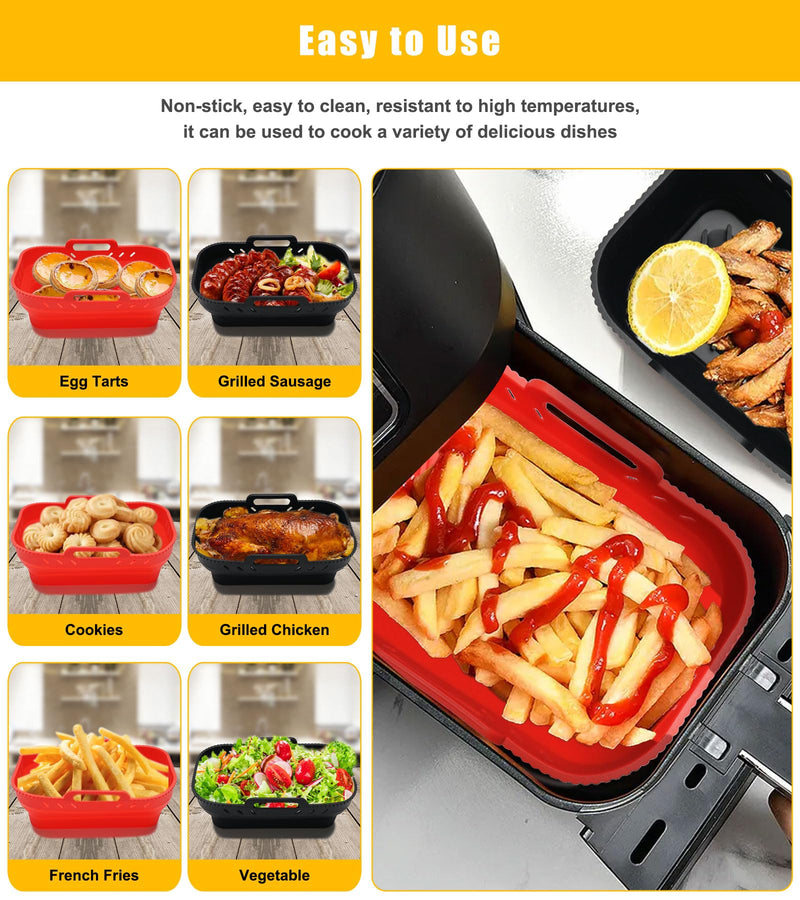 [Australia - AusPower] - MAGIMODAC 2 Pack Air Fryer Silicone Liners, Rectangular Silicone Pot Collapsible, 8QT Reusable Airfryer Basket Accessories (8QT, Black Red Set) 