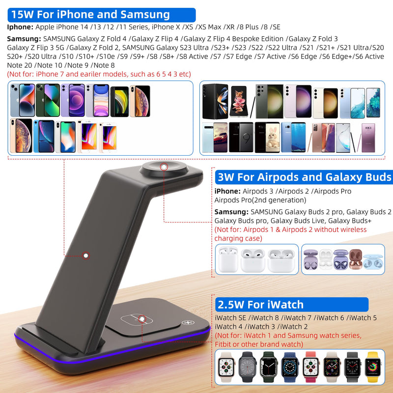 [Australia - AusPower] - Wireless Charging Station, 3 in 1 Fast Wireless Charger for iPhone 14/13/12/11/Pro/Max/SE/XS/XR/X/8 Plus/8, Wireless Charging Station/Stand Compatible for Apple Watch Series and AirPods Pro/3/2 