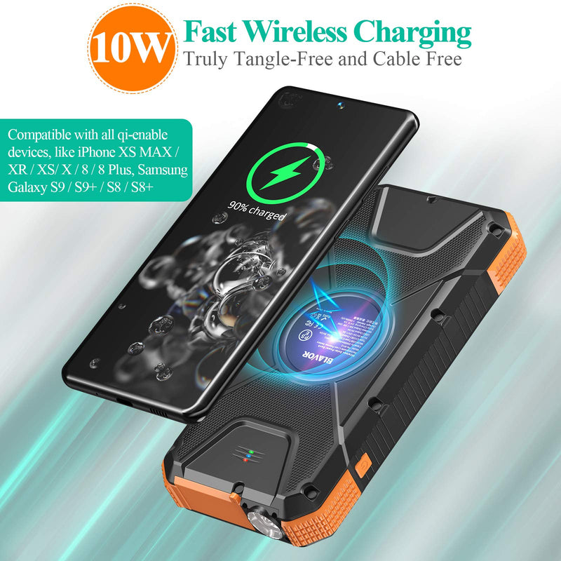 [Australia - AusPower] - BLAVOR Solar Charger Power Bank 18W, QC 3.0 Portable Wireless Charger 10W/7.5W/5W with 4 Outputs & Dual Inputs, 20000mAh External Battery Pack IPX5 Waterproof with Flashlight & Compass (Orange) Orange 