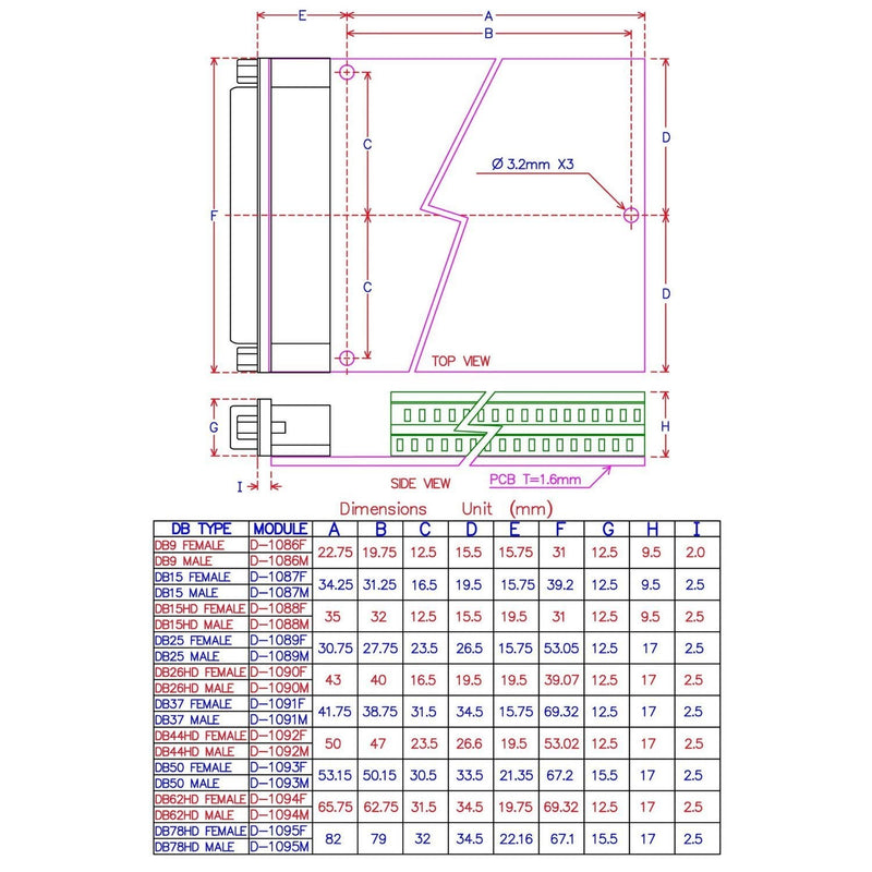 [Australia - AusPower] - Electronics-Salon Slim Right Angle D'SUB DB44HD Female Header Breakout Board Module, Terminal Block DSUB Connector. 