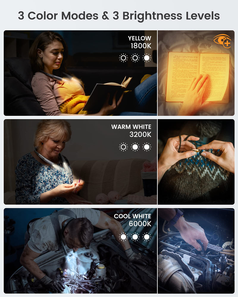 [Australia - AusPower] - Glocusent Upgraded LED Neck Reading Light, Eye Caring Book Light for Reading in Bed, 30-min Timer, 3 Colors & 3 Brightness, Rechargeable & Long Lasting, Perfect for Reading, Knitting & Repairing Upgrade-grey 