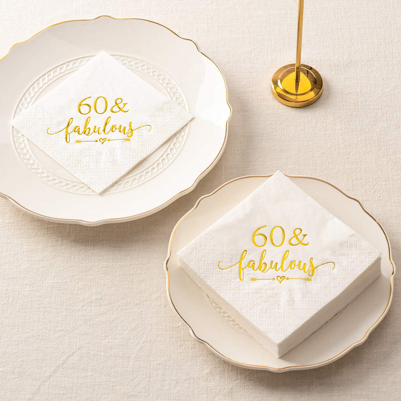 [Australia - AusPower] - Crisky 60 and Fabulous Cocktail Napkins Gold for Women 60th Birthday Decorations, 60th Birthday Bevergae Dessert Table Supplies, 50Pcs, 3-Ply 