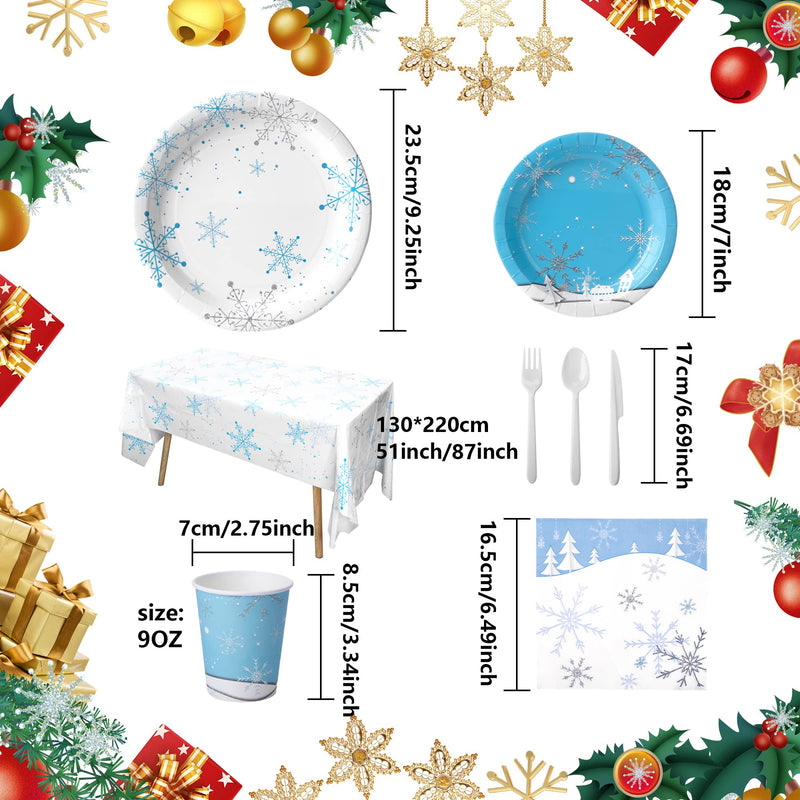 [Australia - AusPower] - Wehhbtye 69PCS Christmas Snowflake Dinnerware Party Supplies-Frozen Winter X’mas Tree Party Decorative Bundle with Paper Plate Napkin Cup Plastic Tablecloth Cover Knife Fork Spoon for Holiday Birthday 